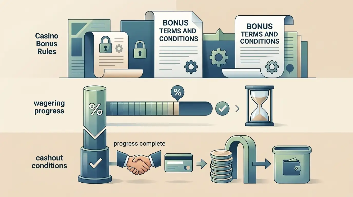 Editorial illustration of casino bonus rules, wagering and cashout conditions
