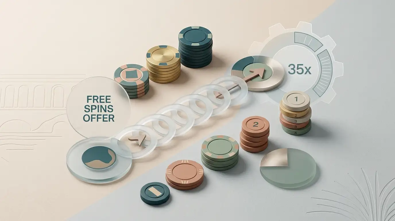 Editorial illustration of free spins, wagering and withdrawal conditions