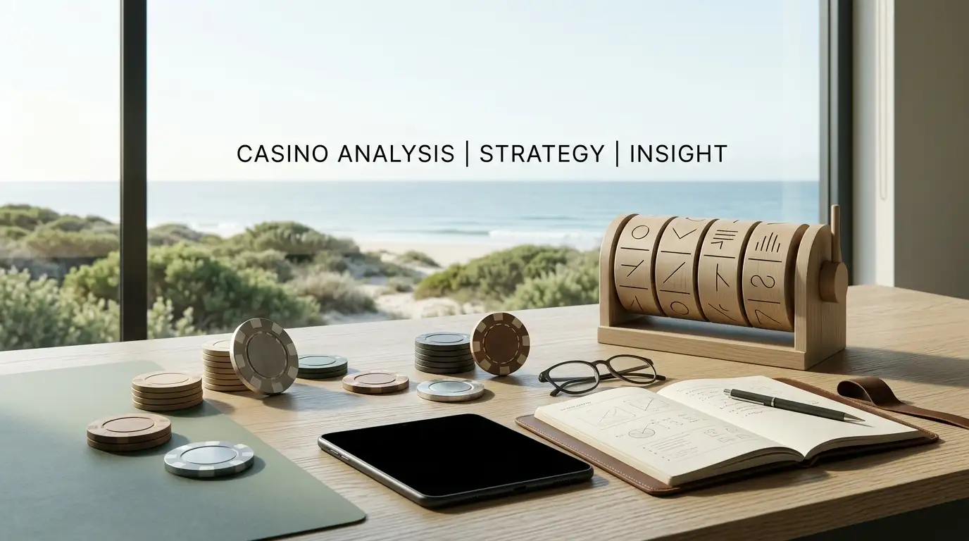 Abstract editorial illustration of online casino analysis for an Australian audience
